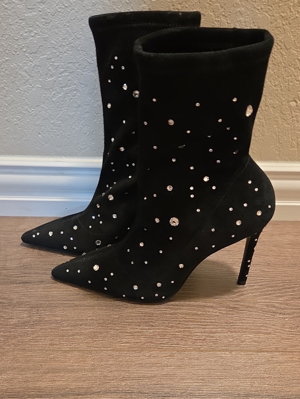 Stuart Weitzman Black Crystal-Embellished Pointed Stiletto Sock Boots 5.5